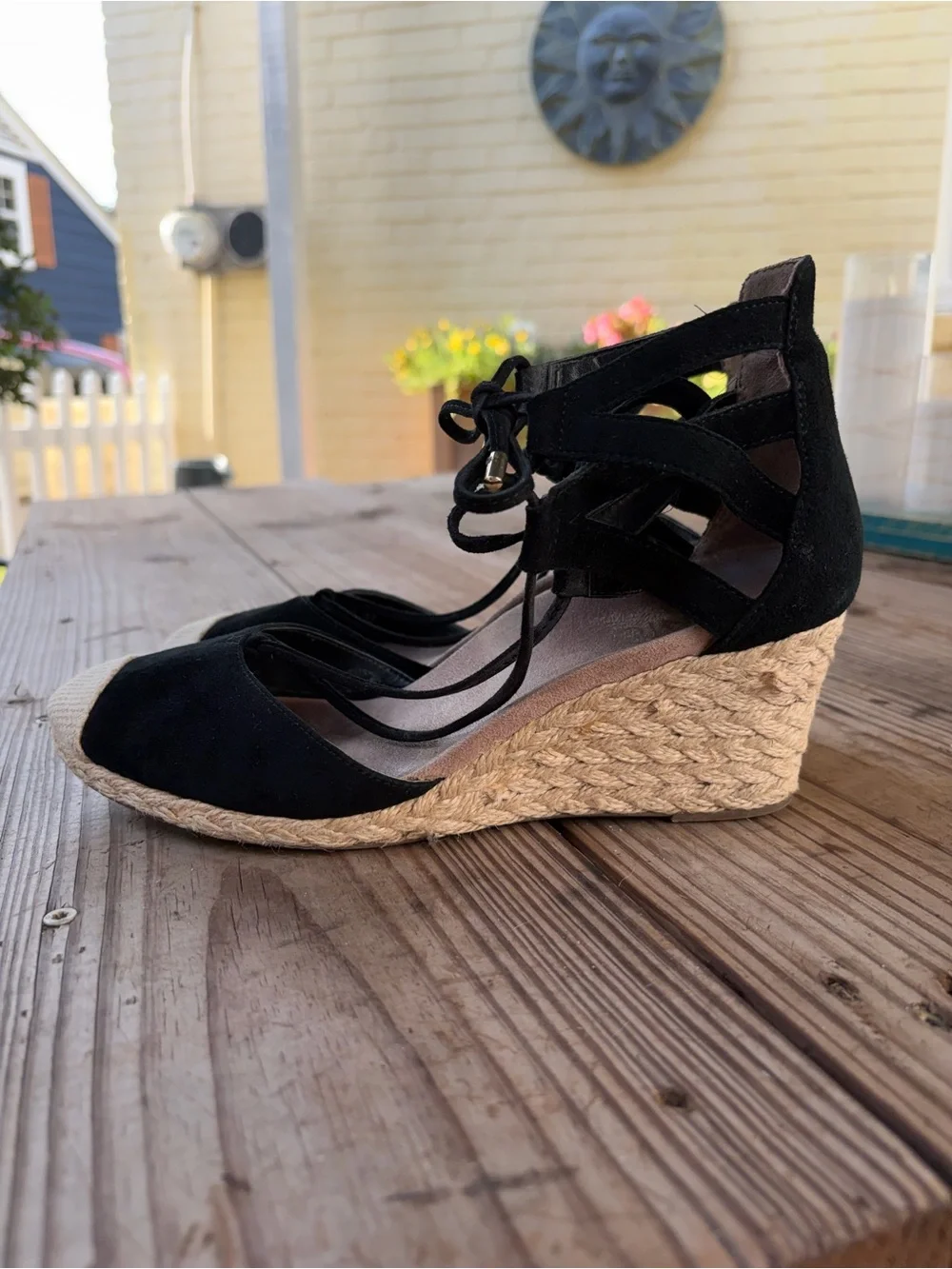 Vionic Black Suede Lace-Up Espadrille Wedge